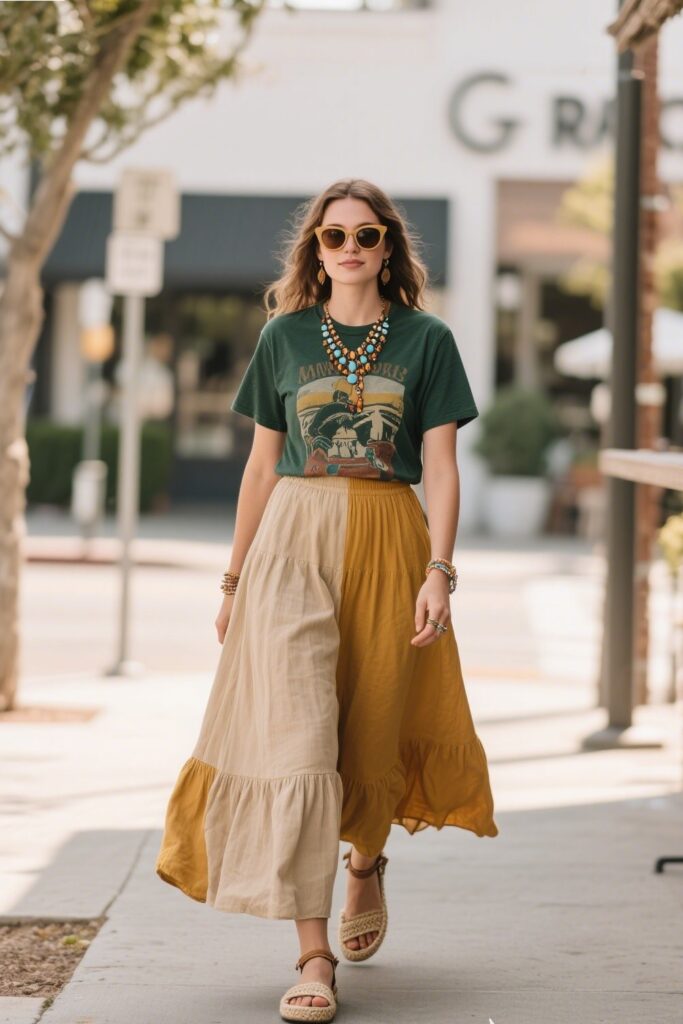 4. Solid Boho Maxi Skirt with a Graphic Tee