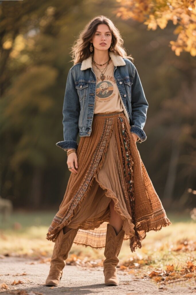 5. Layered Boho Maxi Skirt with a Denim Jacket