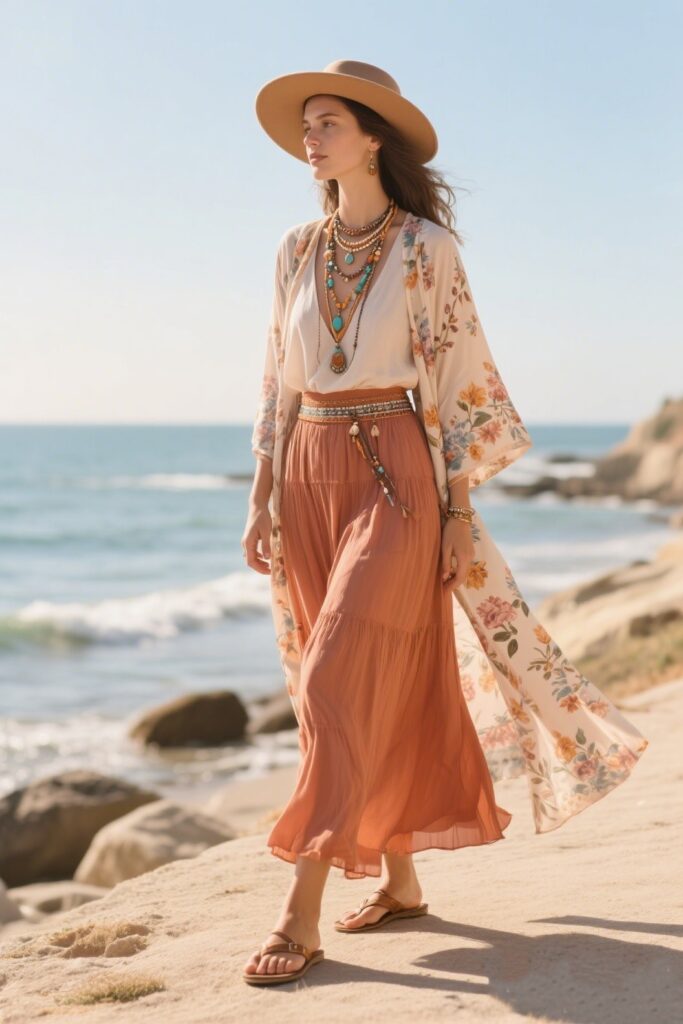 6. Maxi Skirt with a Kimono and Wide-Brimmed Hat