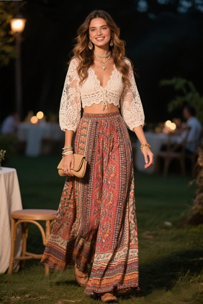 7. Boho Maxi Skirt with a Lace Top