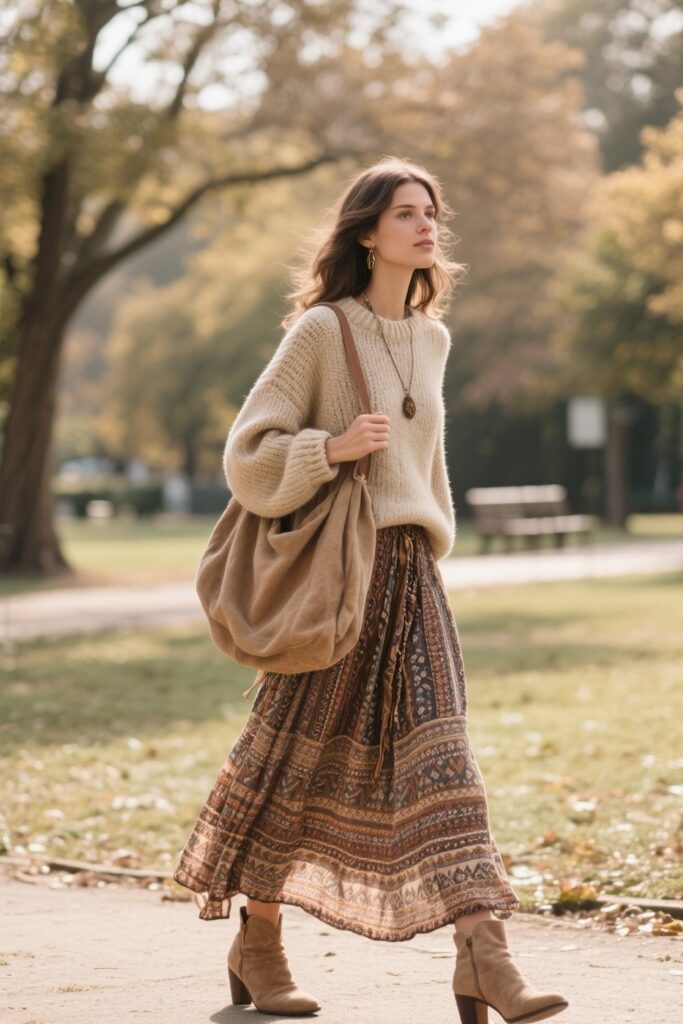 8. Maxi Skirt with a Sweater and Ankle Boots