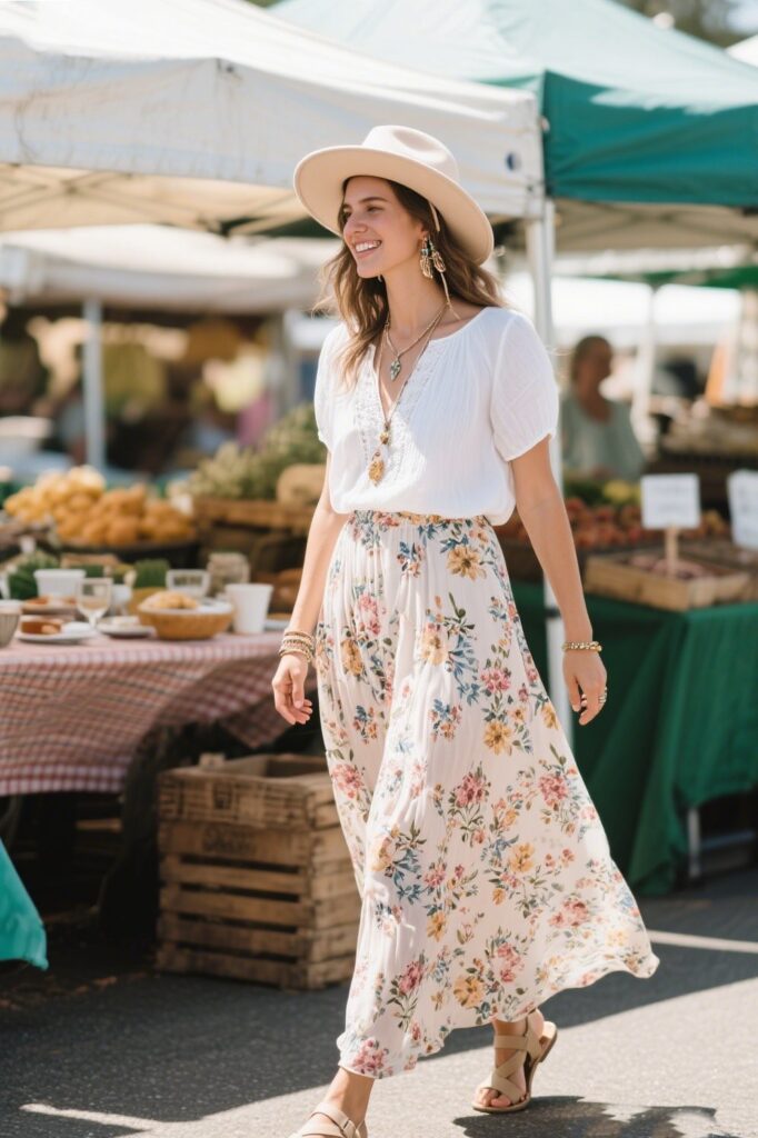 1. Floral Maxi Skirt with a Simple White Top