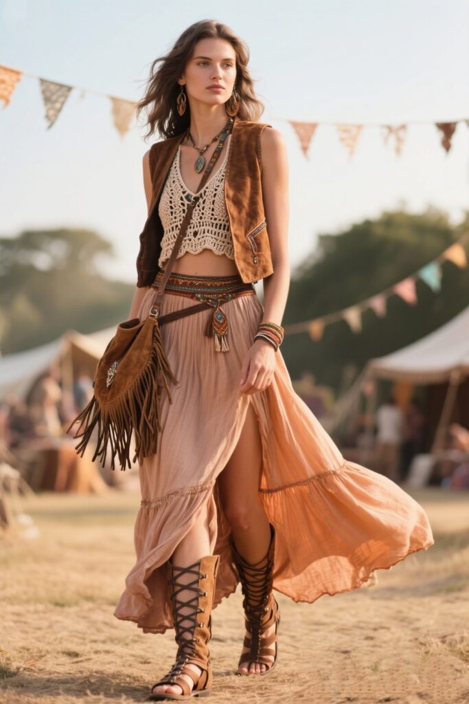 9. Boho Maxi Skirt with a Halter Neck Top