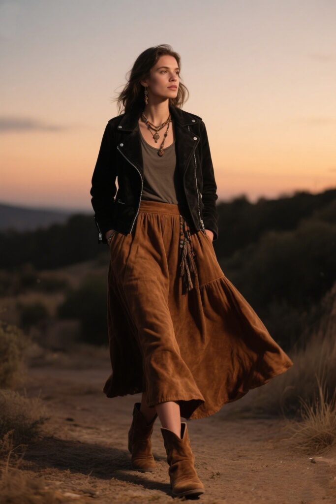 3. Leather and Suede with a Boho Maxi Skirt