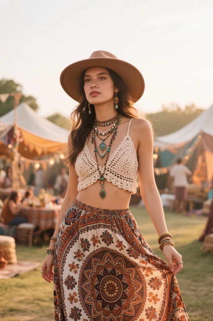 9. Boho Maxi Skirt with a Tassel Top