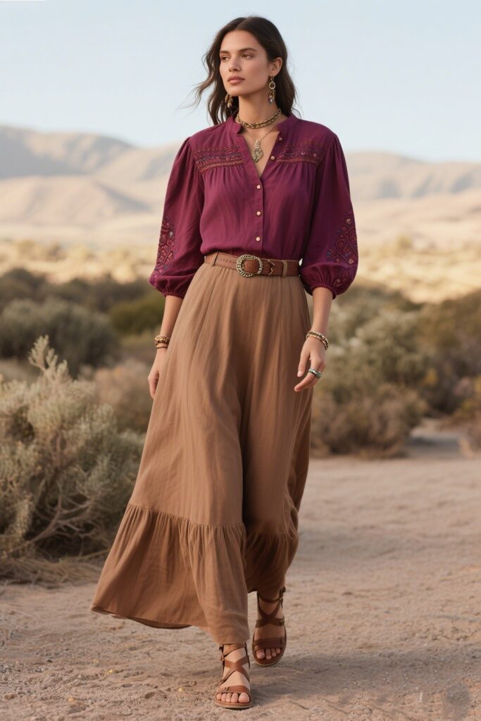 3. Boho Elegance: Solid Color Maxi Skirt with a Button-Up Blouse