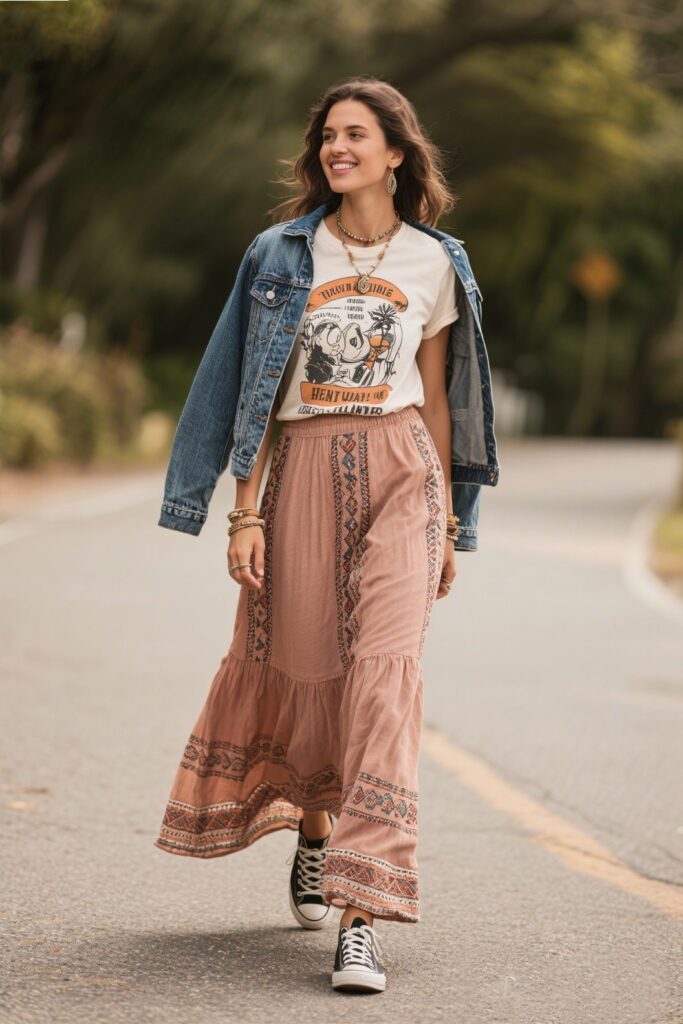 4. Casual Cool: Boho Maxi Skirt with a Graphic Tee