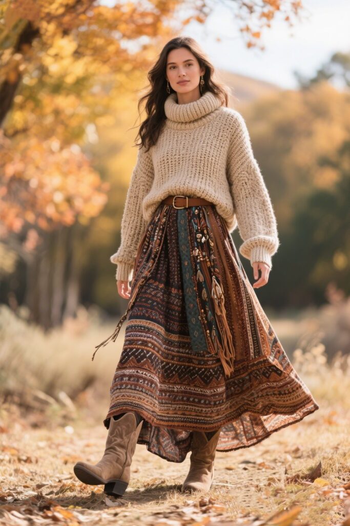 5. Layered for Autumn: Boho Maxi Skirt with a Knit Sweater