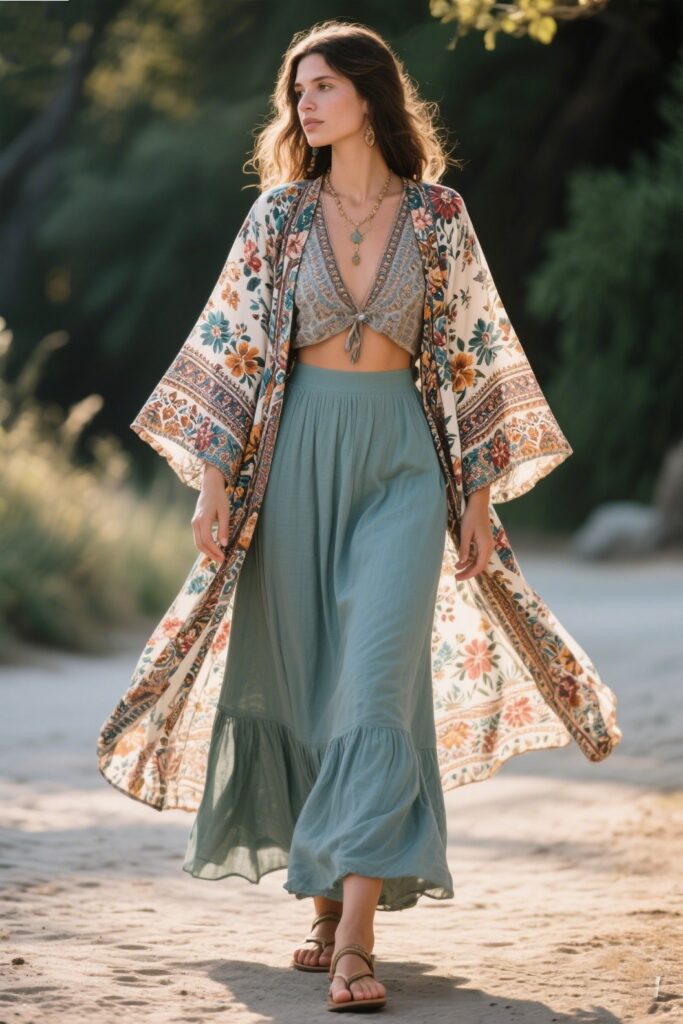 10. Effortlessly Cool: Boho Maxi Skirt with a Flowy Kimono