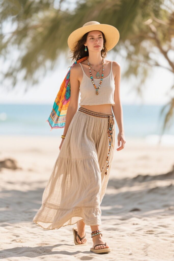 2. Beach Day Ready: Boho Maxi Skirt with a Simple Tank Top