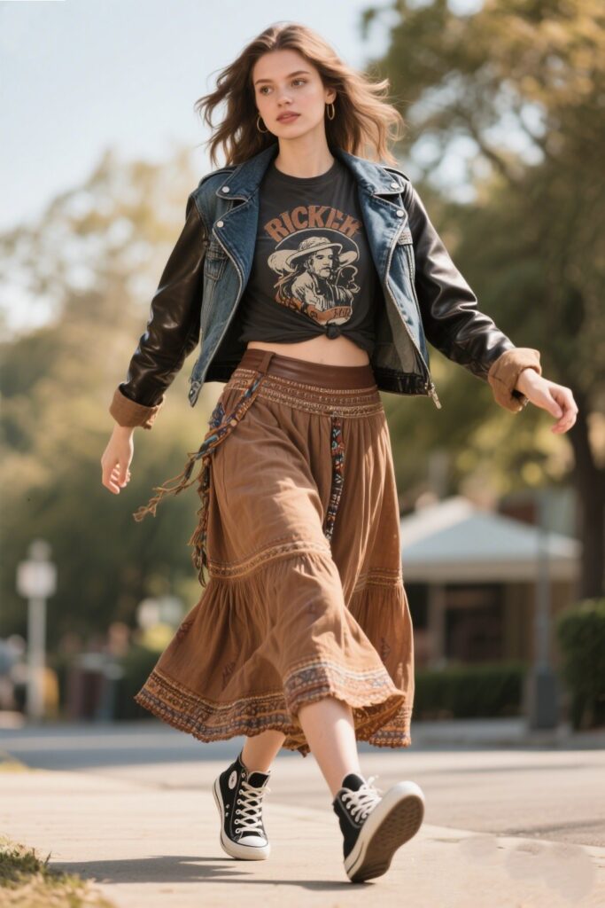 4. Casual Day Out: Graphic Tee with a Boho Maxi Skirt