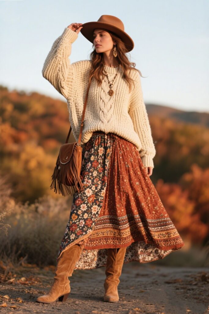 5. Autumn Boho: Knit Sweater with a Boho Maxi Skirt
