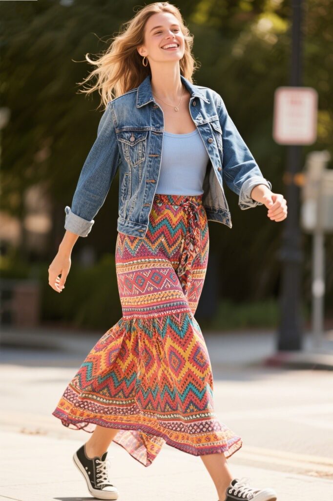 7. Weekend Wanderer: Boho Maxi Skirt with a Denim Jacket