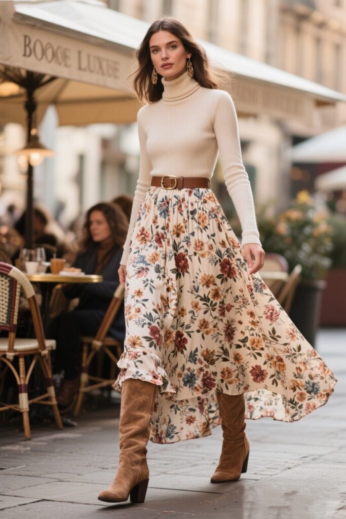 9. Boho Luxe: Floral Maxi Skirt with a Fitted Turtleneck