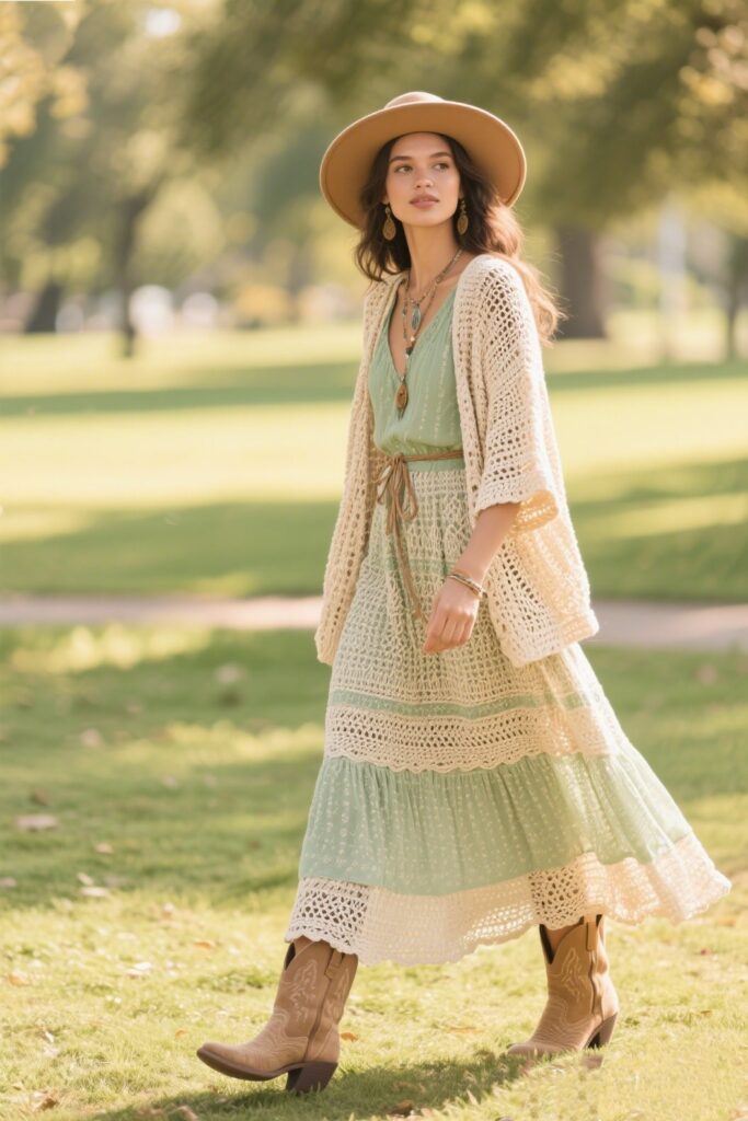 10. Boho Explorer: Maxi Skirt with a Crochet Cardigan