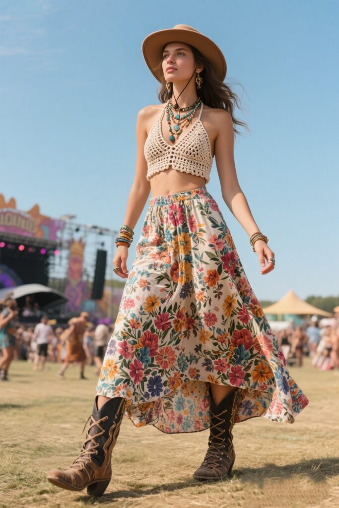 1. Festival Vibes: Floral Maxi Skirt with Crochet Crop Top