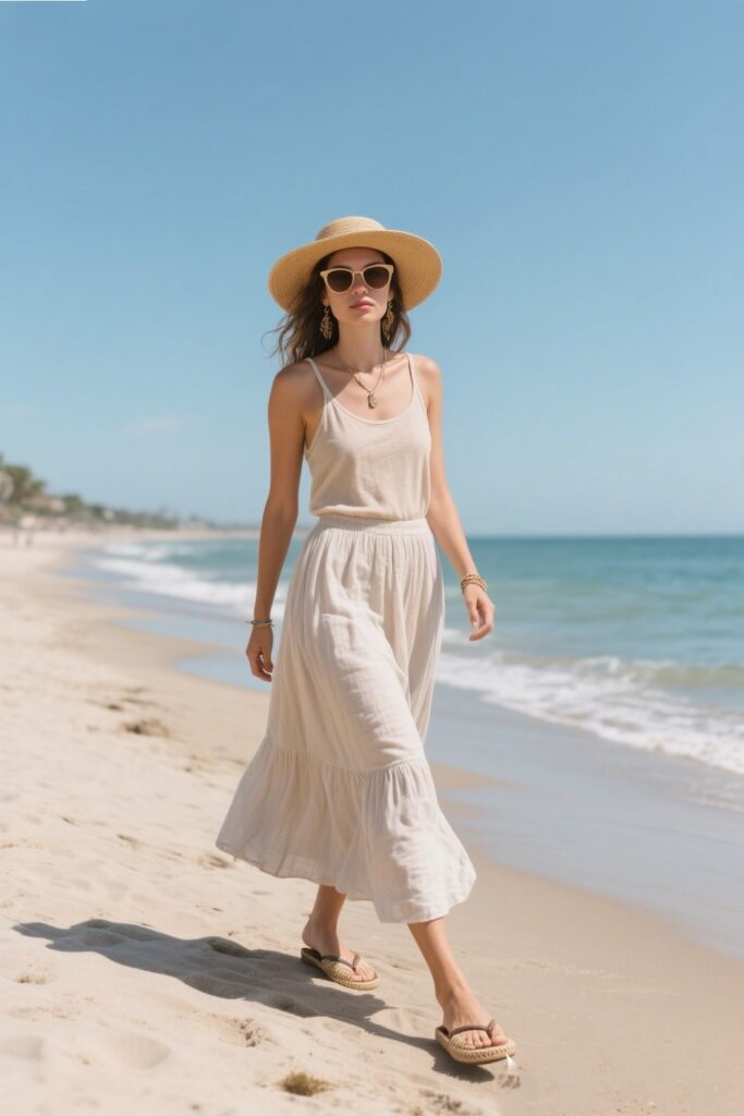 2. Boho Beach Day: Light Maxi Skirt with a Tank Top