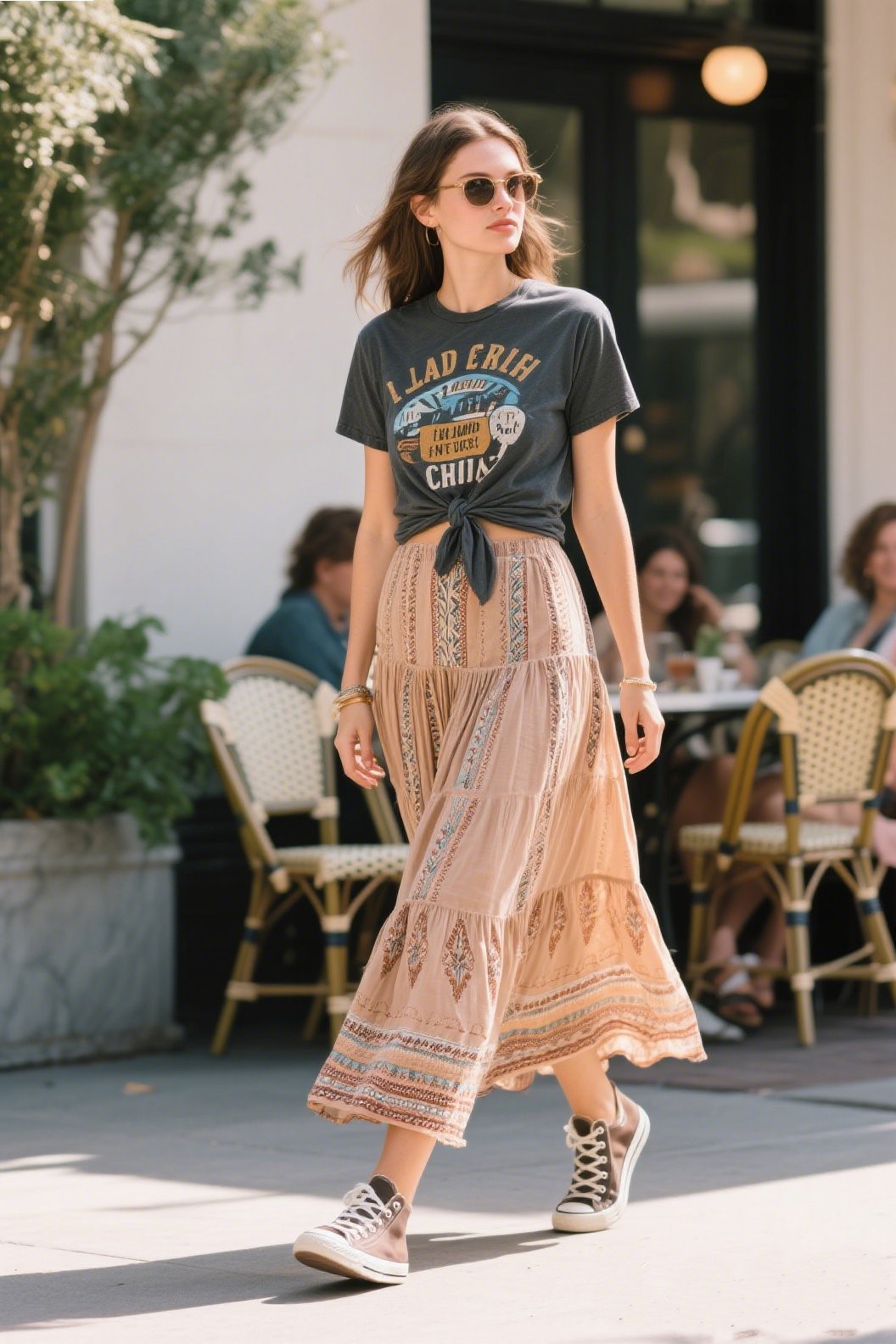 4. Laid-Back Chic: Graphic Tee with Boho Maxi Skirt