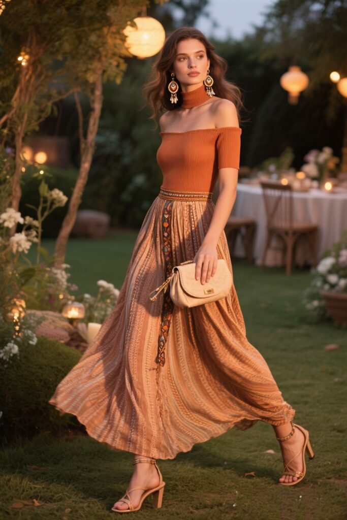 8. Evening Elegance: Fitted Top with Flowing Maxi Skirt