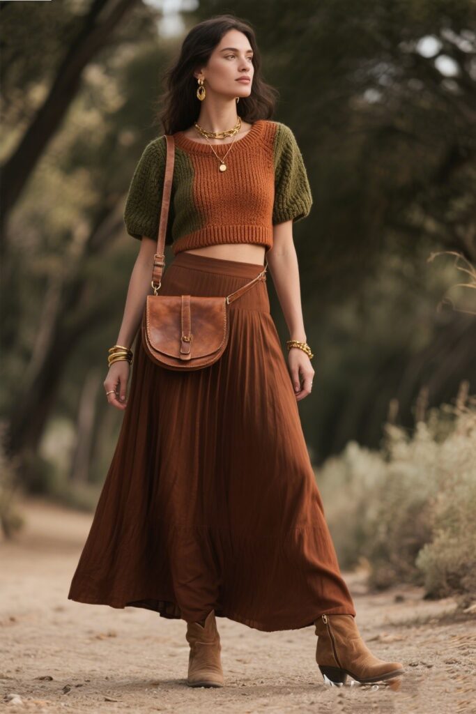 9. Earthy Elegance: Earth-Toned Maxi Skirt with Cropped Knit Top