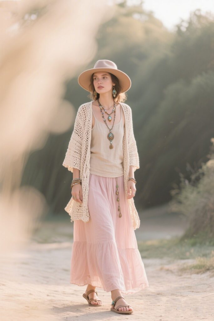 10. Boho Chic: Maxi Skirt with Crochet Cardigan