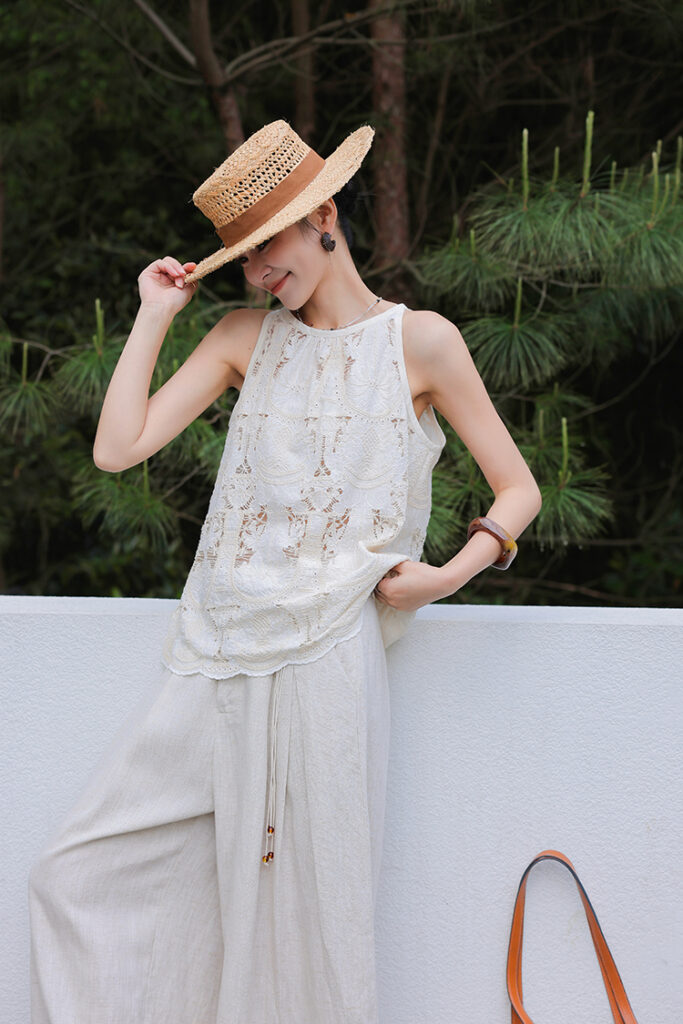Straw boater hat + ivory crochet racerback tank + oatmeal linen palazzos