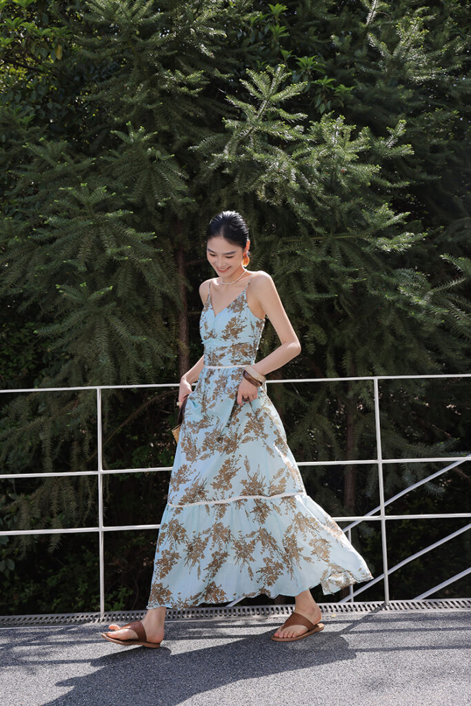 Statement Orange Hoop Earrings + Blue Floral Spaghetti-Strap Maxi Dress + Brown Flat Sandals