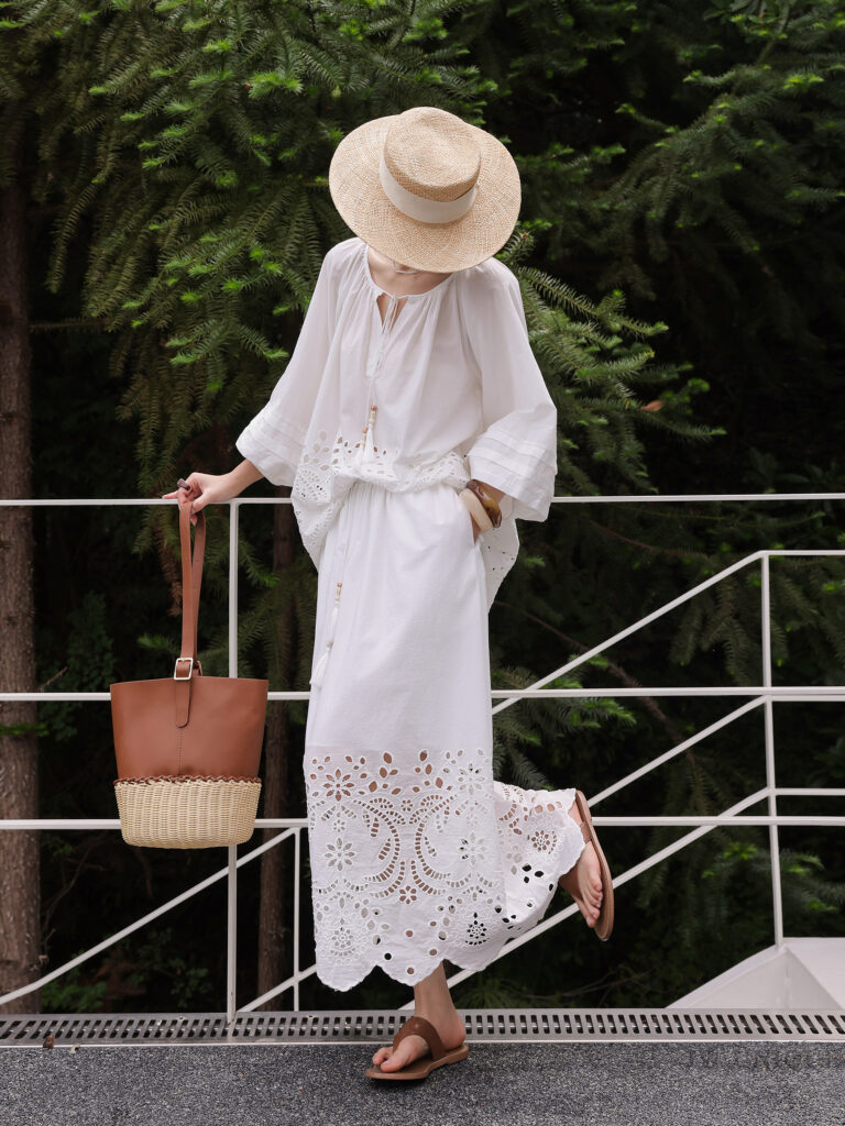 Straw boater hat + white broderie popover blouse + white eyelet midi skirt + tan slides