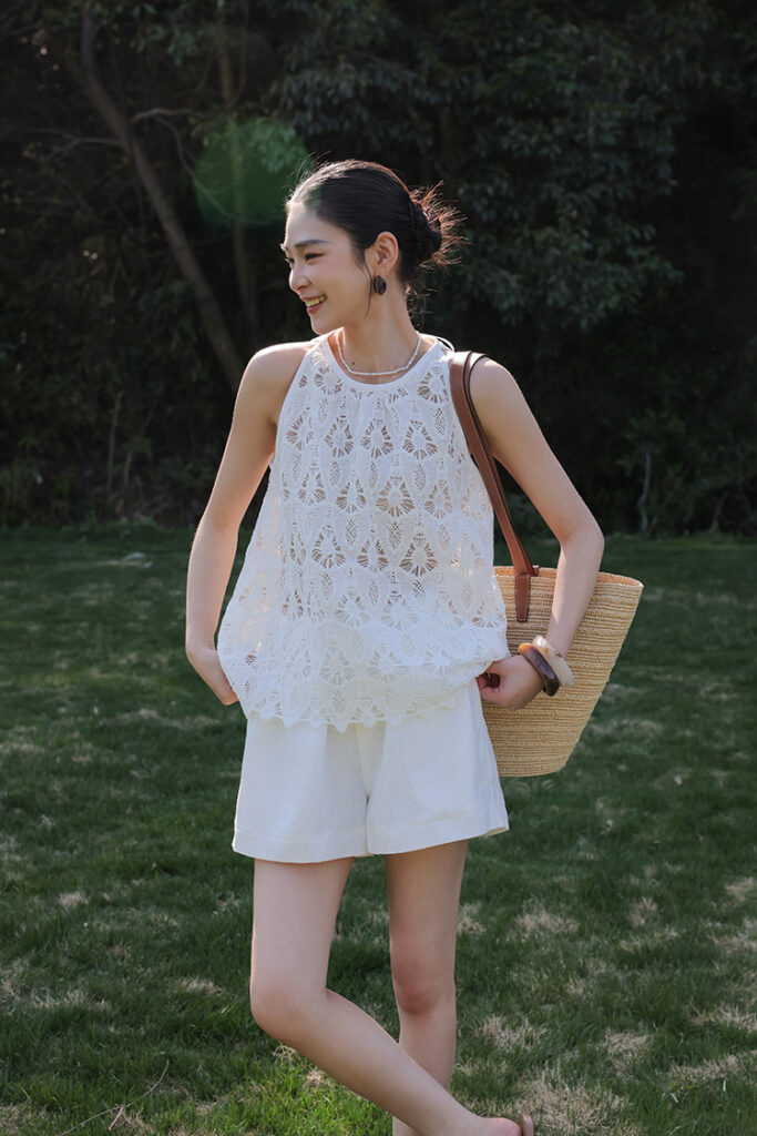 Black Resin Hoop Earrings + White Crocheted Lace Tank + White Linen Shorts + Straw Bucket Tote