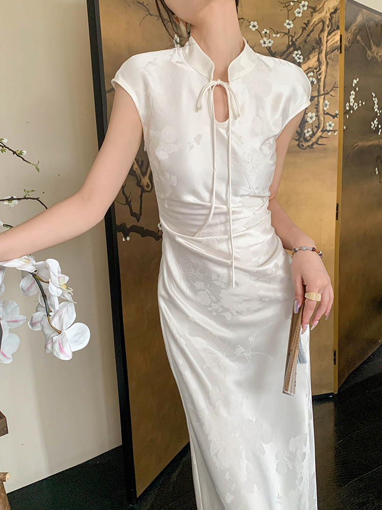 Mandarin-collar satin cheongsam dress + wooden fan clutch