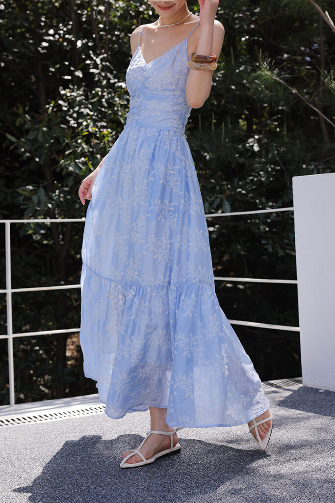 Pearl Choker + Light Blue Floral Ruched Maxi Dress + Tortoiseshell Acrylic Bangles + White Strappy Sandals