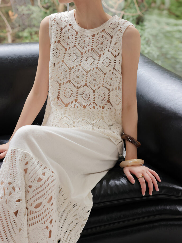 Braided bun + geometric earrings + ivory crochet tank + ivory crochet column skirt