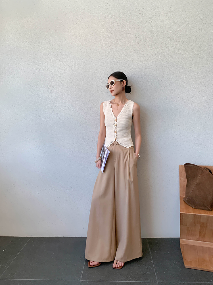 White Retro Sunglasses + Crochet Buttoned Vest + Taupe Wide-Leg Trousers + Brown Suede Tote + Tan Thong Sandals