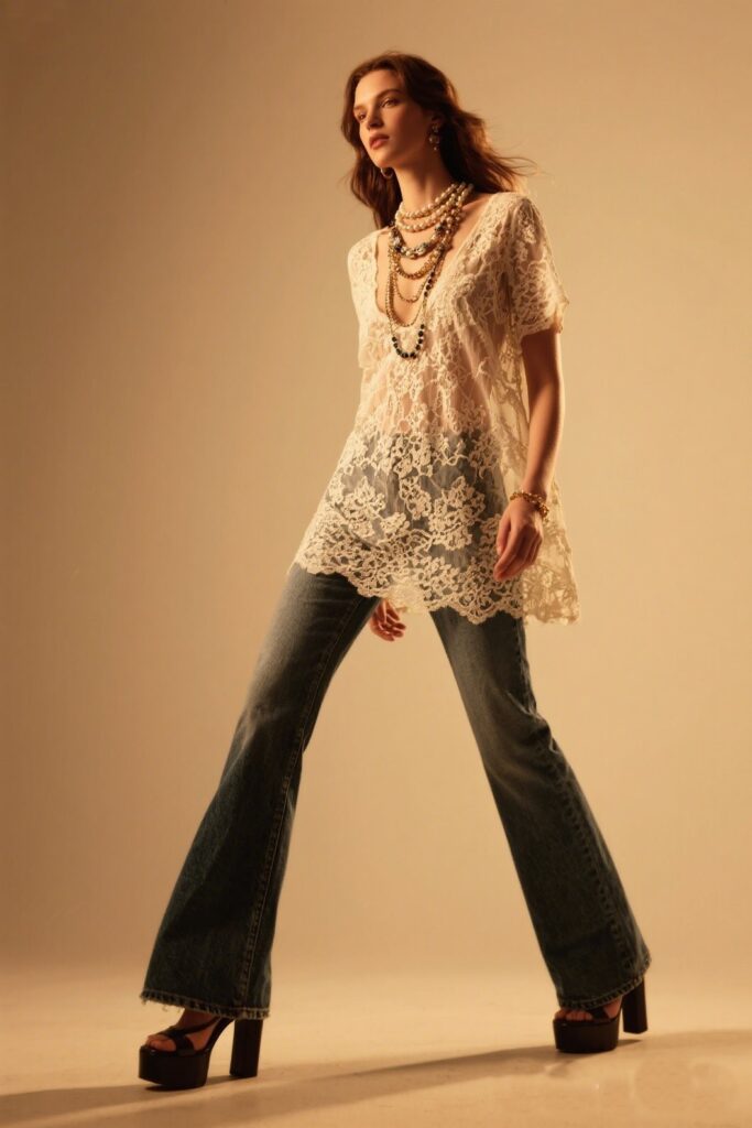 7. Lace Tunic + Flared Jeans