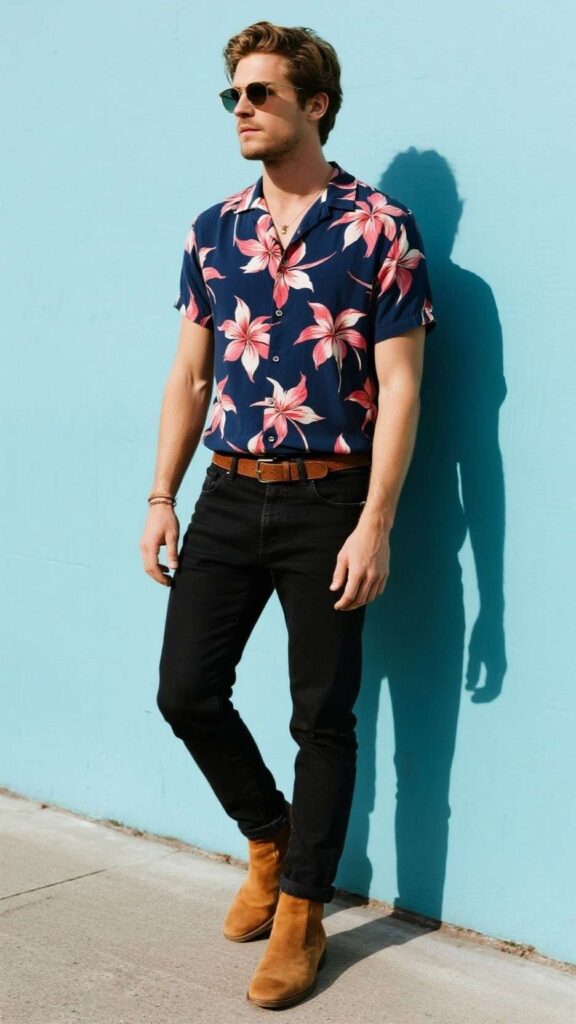 Tropical Print Shirt + Black Skinny Jeans + Brown Chelsea Boots