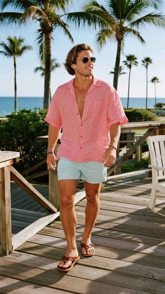 Pink Linen Shirt + Stone Linen Shorts + Brown Double‑Strap Sandals + Round Sunglasses