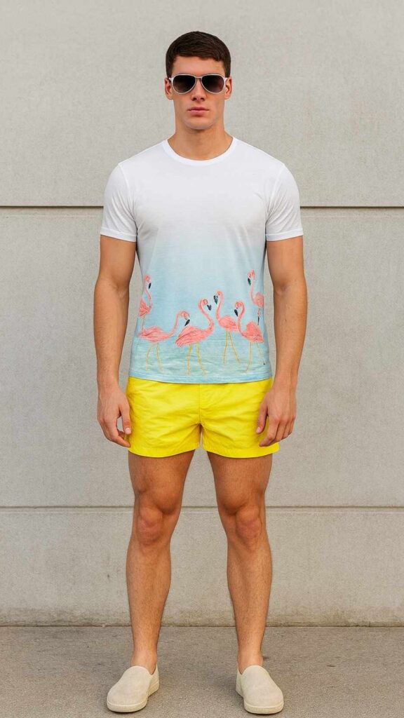 Flamingo Graphic Tee + Bright Yellow Swim Shorts + White Aviator Sunglasses