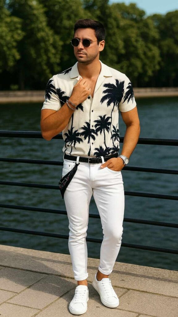 Palm‑Silhouette Camp Shirt + White Slim Chinos + White Low‑Top Sneakers + Round Sunglasses