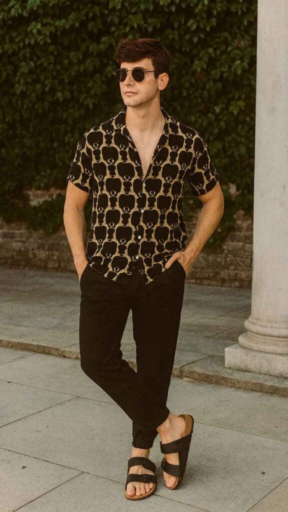 Black Graphic Print Shirt + Black Jogger Pants + Black Buckled Sandals + Round Sunglasses