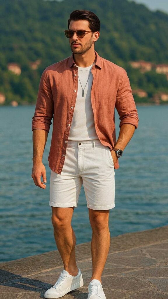 Coral Linen Overshirt + White Crew Tee + White Tailored Shorts + White Minimal Sneakers + Tortoiseshell Shades