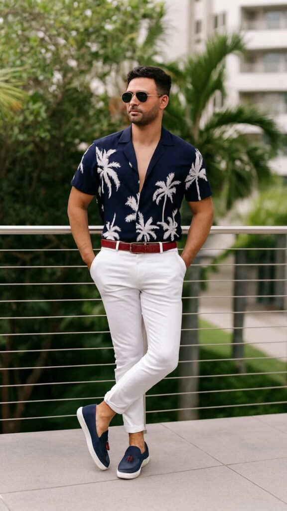 Navy Palm Silhouette Shirt + White Slim Chinos + Burgundy‑Trim Loafers + Red Woven Belt + Aviators