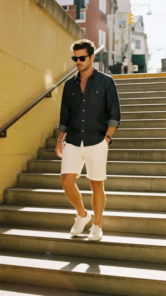 Dark Chambray Shirt + White Tailored Shorts + White Sneakers + Black Sunglasses