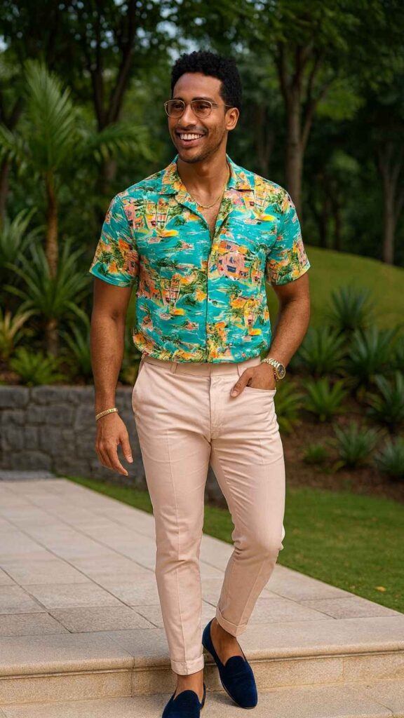Scenic Tropical Shirt + Pale Pink Pants + Velvet Loafers + Gold Accessories