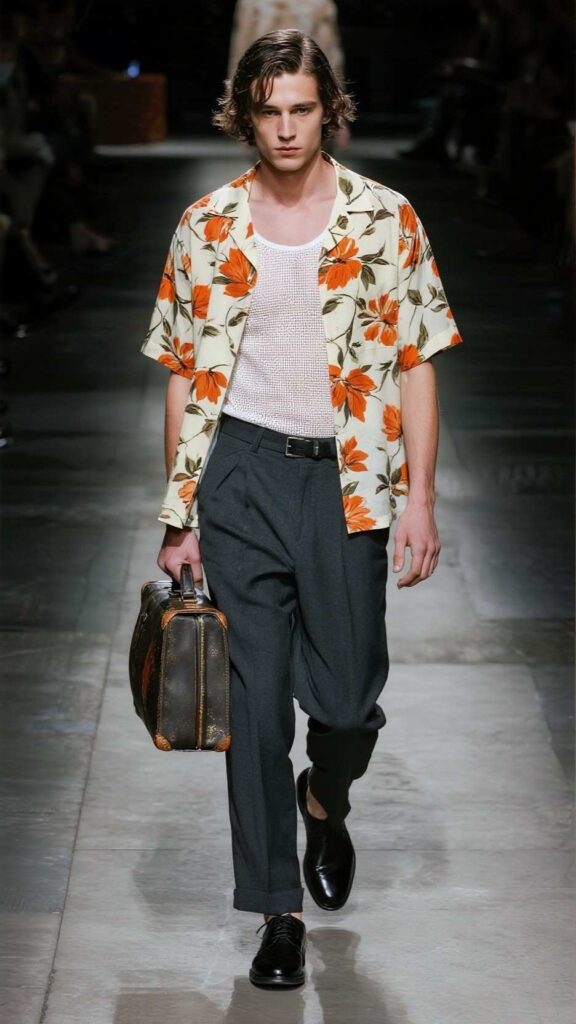 Green‑Orange Floral Shirt + White Mesh Tank + Charcoal Dress Pants + Leather Oxford Shoes + Patterned Bag