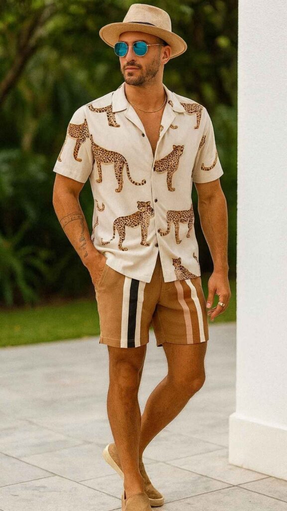 Cheetah Print Cuban Shirt + Tan Striped Swim Shorts + Taupe Slip‑On Sneakers + Straw Fedora + Blue Mirrored Aviators