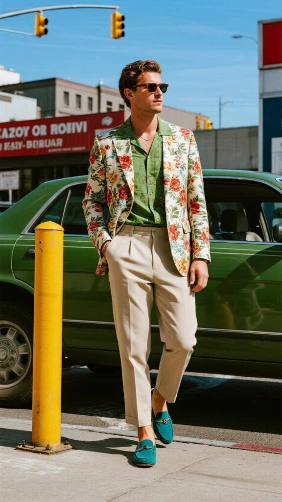Floral Blazer + Green Tee + Beige Chinos + Teal Slip‑Ons + Purple Sunglasses