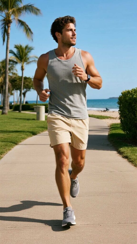 Grey Athletic Tank + Beige Tech Shorts + Light Grey Knit Sneakers + Digital Sport Watch