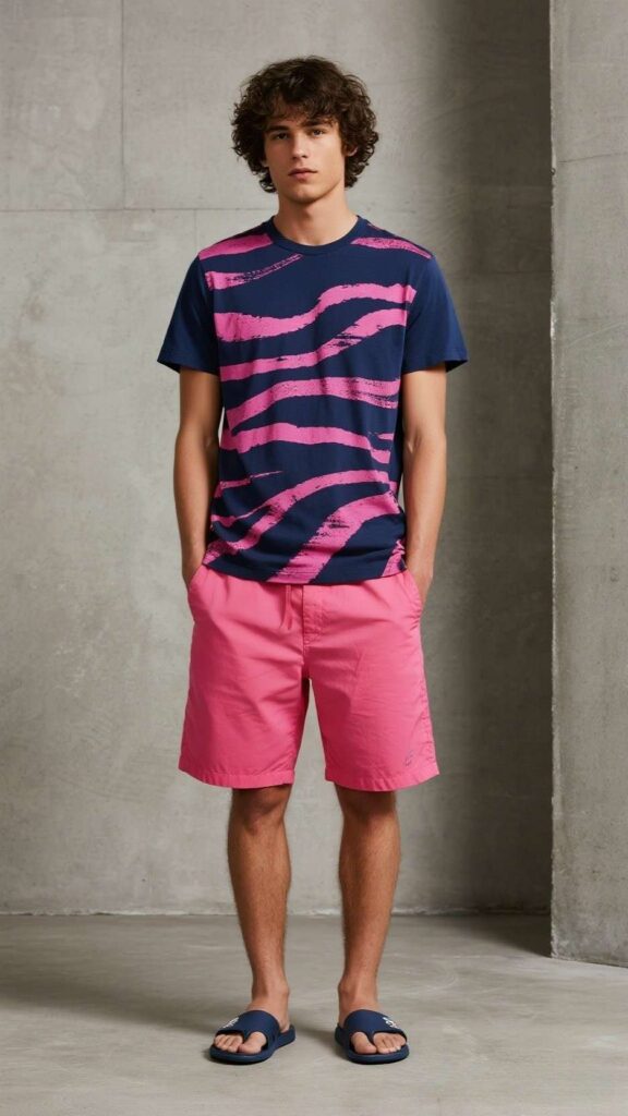 Navy‑Magenta Wave Tee + Fuchsia Swim Shorts + Navy Flip‑Flops