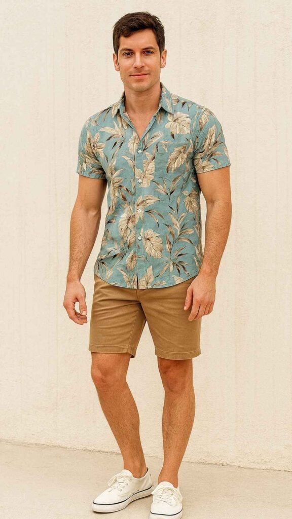 Ice‑Blue Leaf Shirt + Khaki Chino Shorts + White Canvas Sneakers