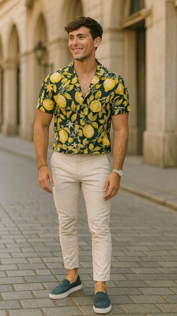 Lemon Print Shirt + Cream Slim Pants + Navy Slip-On Shoes + Layered Necklaces